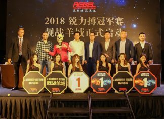 Zhou Chun, director of Guangdong Sports Channel (fourth from left) and REBEL FC CEO Justin Leong (fifth from left) together with the main MMA stars and ring girls of REBEL FC 8 – A Warrior’s Return.