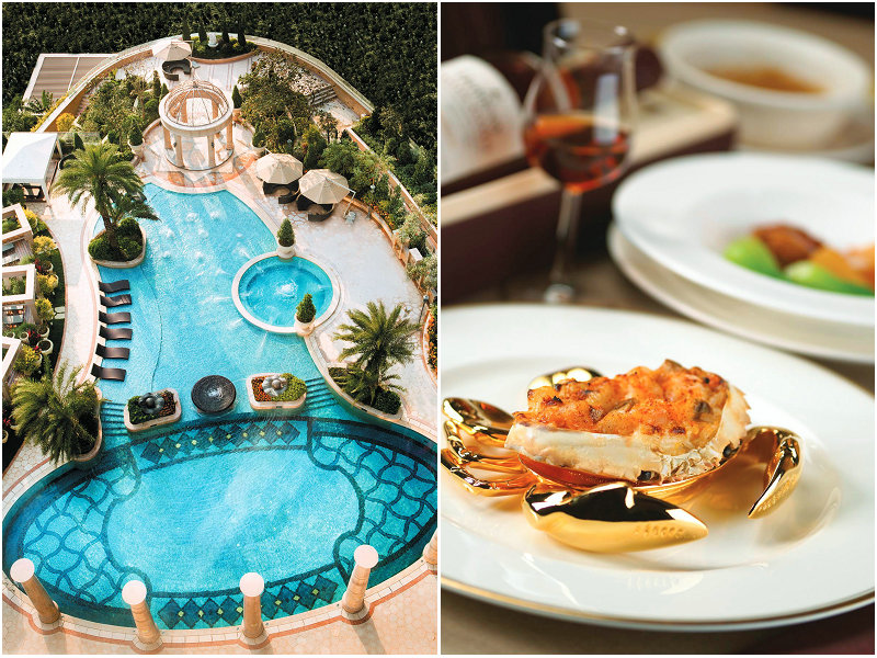 左：深圳朗廷酒店户外泳池；右：唐阁特色菜式 | Left: Swimming pool at The Langham, Shenzhen; Right: Tang Court